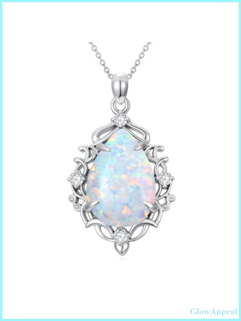 Opal & Diamond Necklace 925 Sterling Silver Teardrop Pendant October Birthstone